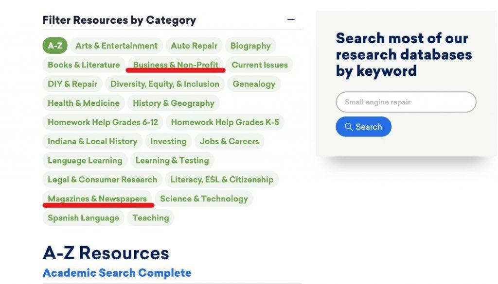 Business resources filter example from the database page.