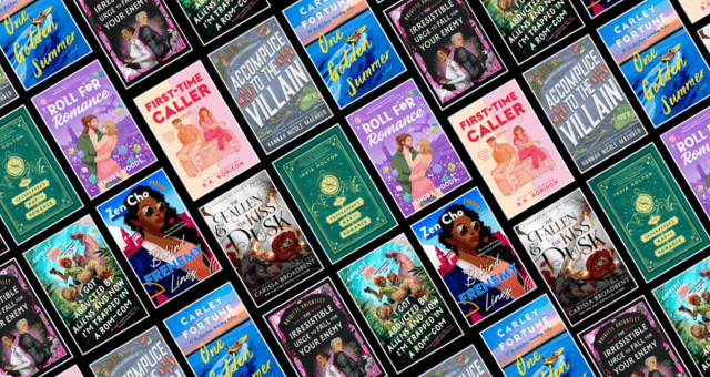 Rows of diagonal book covers of romance novels.
