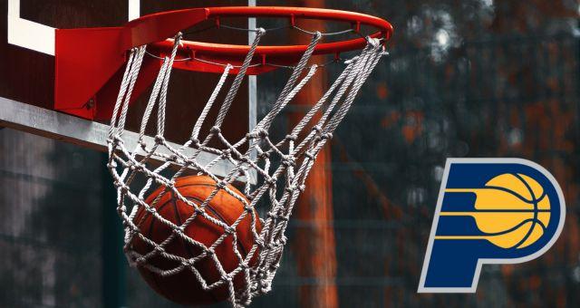 Basketball swishing through the net and the Indiana Pacers logo